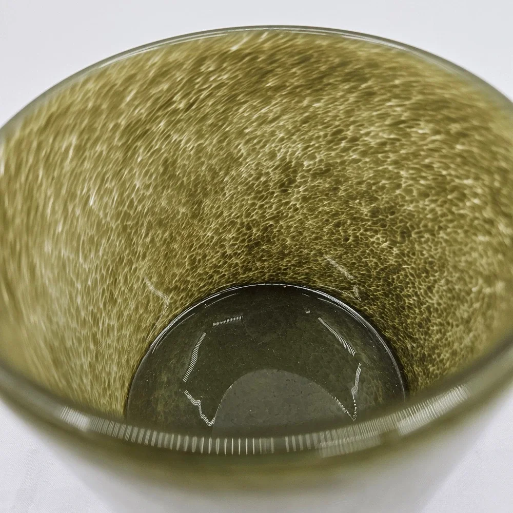 Hand Blown Olive Green Mottled Glass Vase Cylindrical Candle Holder 4.5x4in